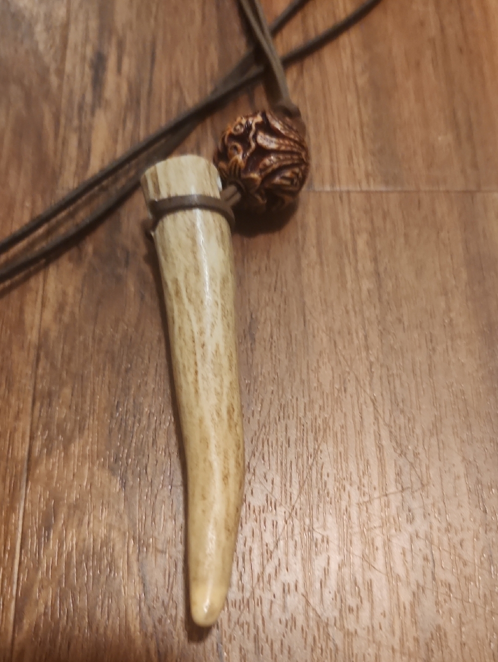 Carved Pendant Necklace with Decorative Bead - Brown Cord - Picture 5 of 5